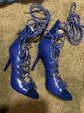 GX by Gwen Stefani Cobalt Blue Lace-Up Stiletto Sandals